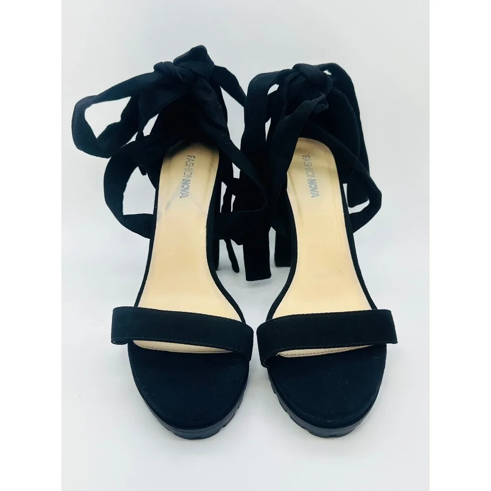 Fashion Nova Black Lace Up Platform Block Heel Lug Sole Sandals Womens Size 11